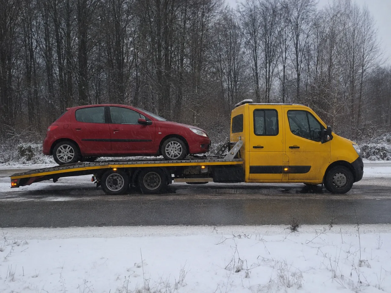 Auto wyciągnięte ze śniegu i załadowane na lawetę – Ostrołęce