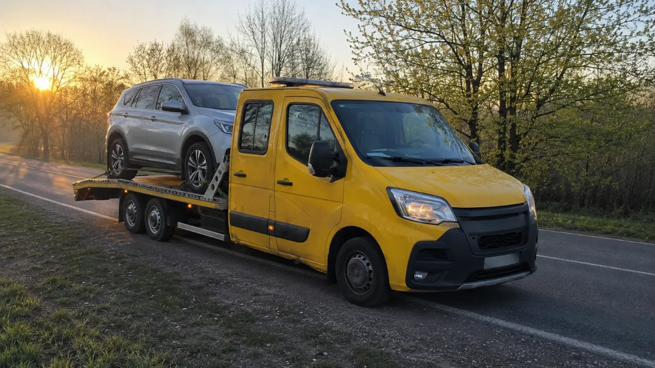 Laweta z SUV-em na platformie o wschodzie słońca – BABIK-HOL Ostrołęka